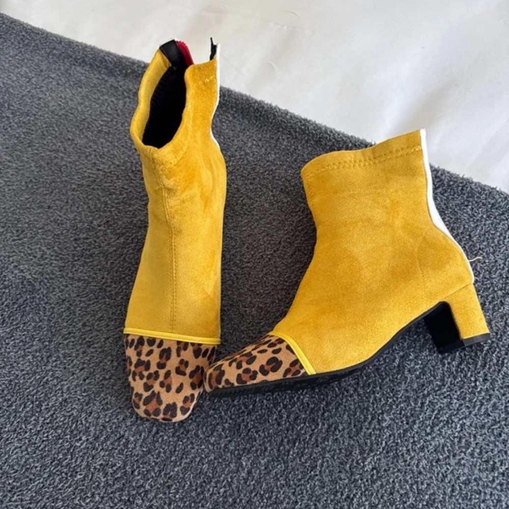 Chic Yellow Ankle Boots with Leopard Detail
